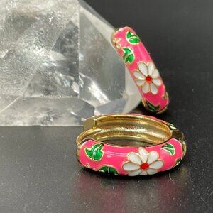 Pink and Green Floral Enamel Huggie Earrings #1352-PINK